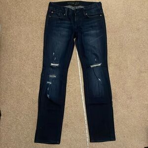 Express Jeans: 0s; straight leg; distressed dark denim; Cotton 98%, Spandex 2%